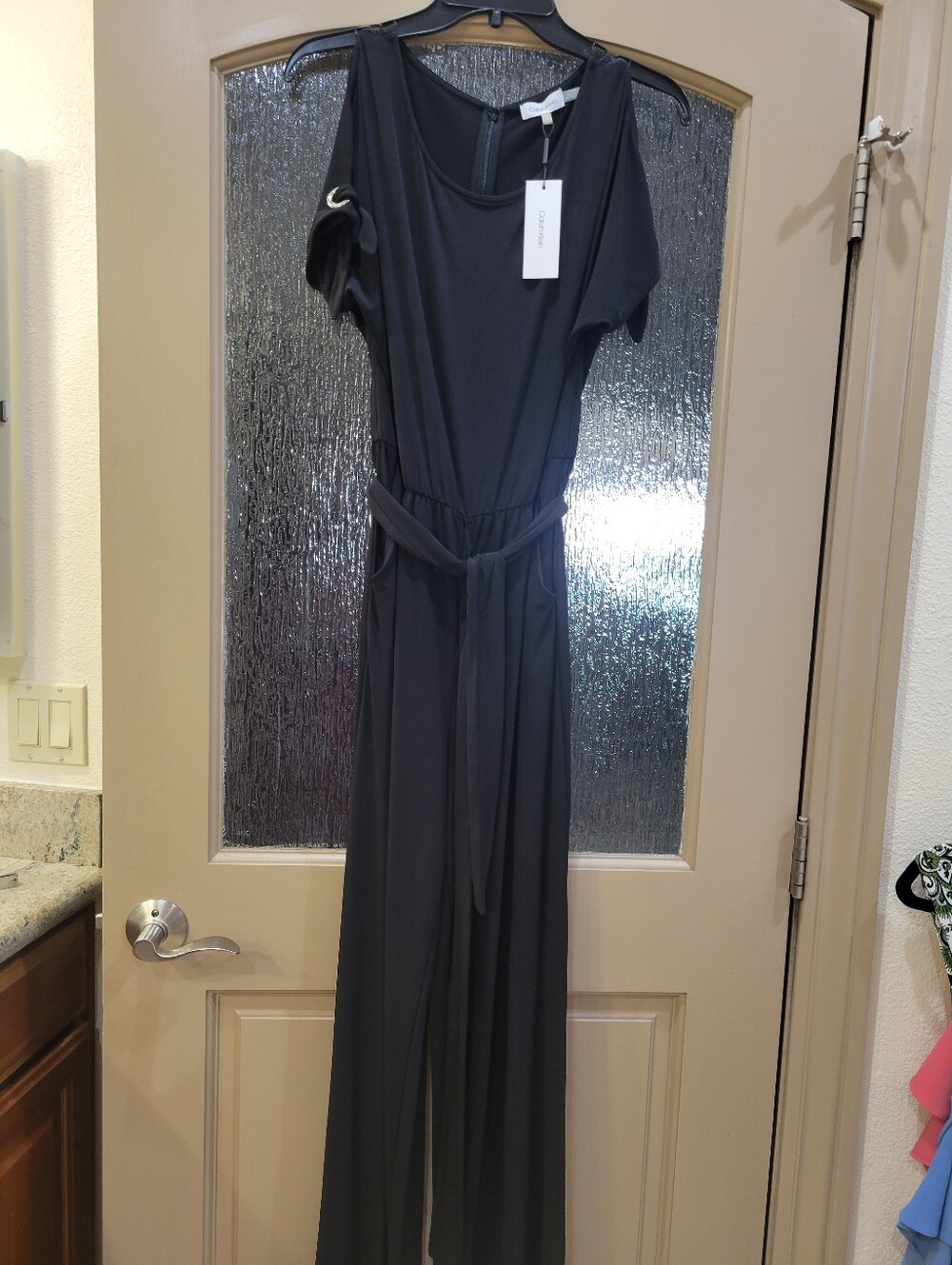 Calvin Klein Black Short-Sleeve Jumpsuit with Tie Waist